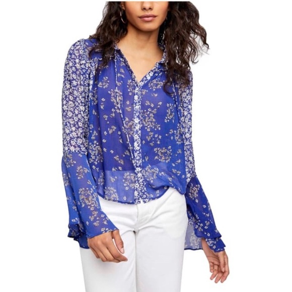 🆕Free People Serena Floral Print Blouse in Blue​ - Picture 1 of 4